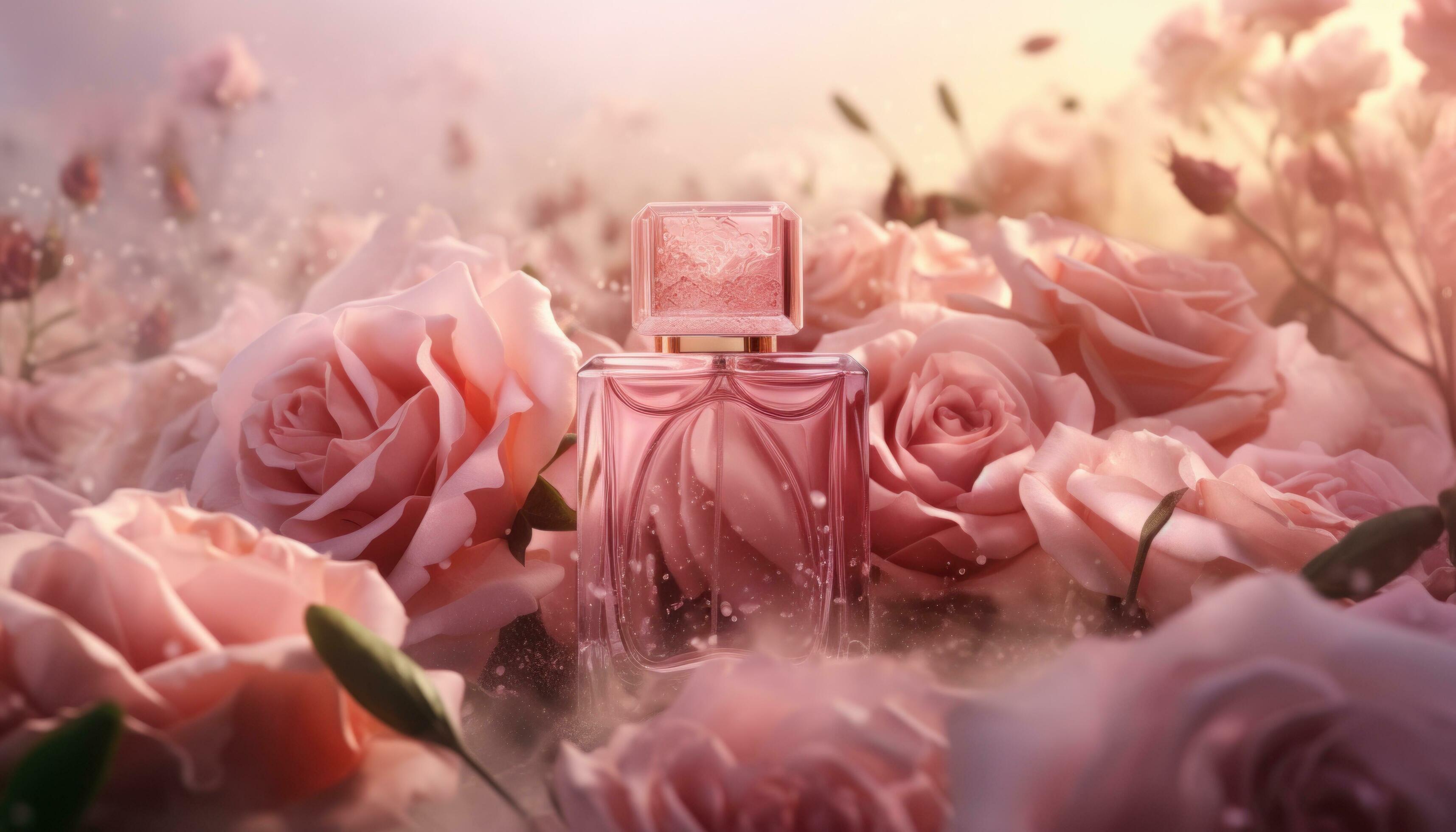 An elegant image of a fragrance bottle with a soft, floral theme