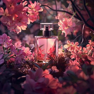 A bottle of perfume in a whimsical garden of cherry blossoms